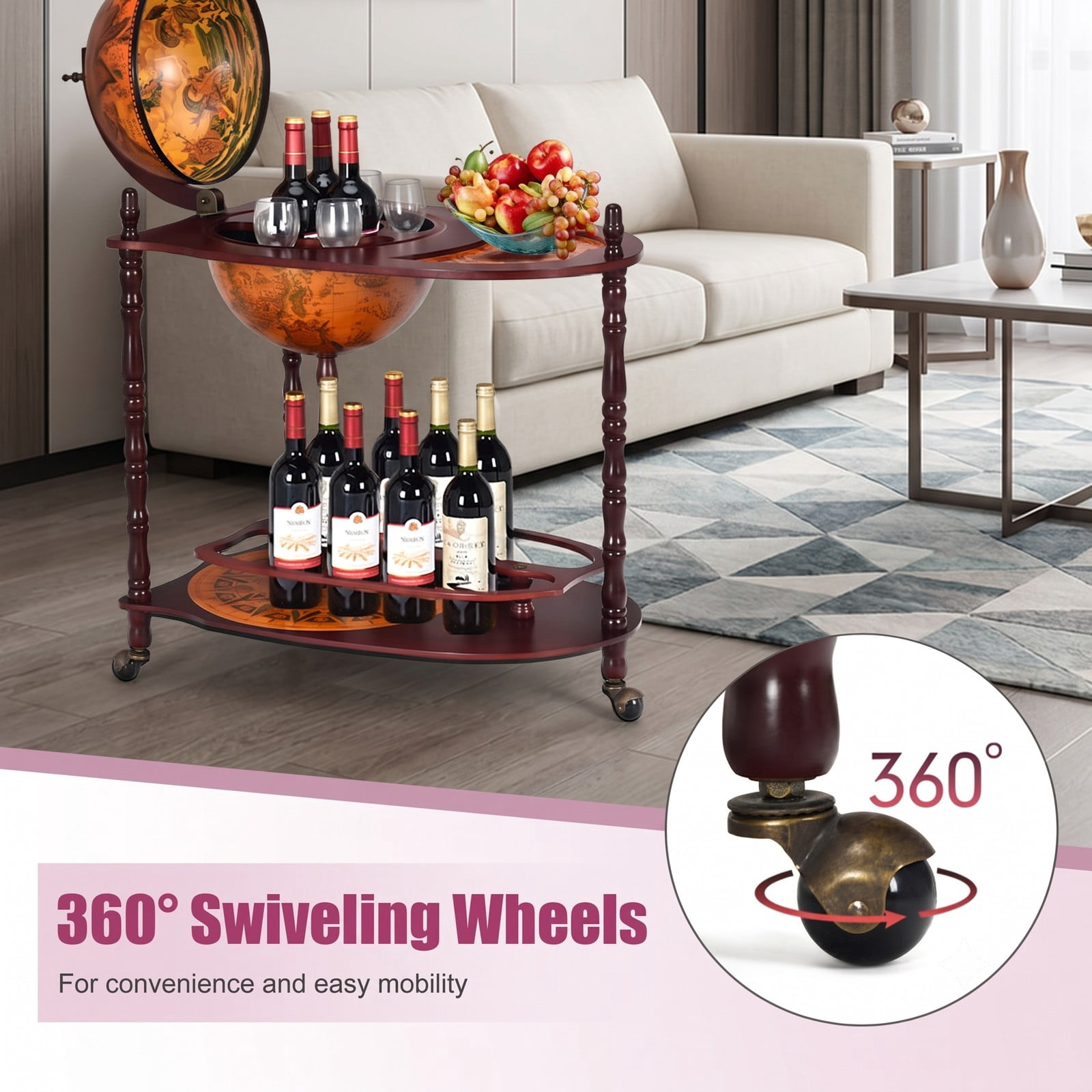 RUIE Vintage Globe Rolling Wine Bar Cart with Extra Shelf, Mobile World Map Liquor Storage Stand with 3 Casters for Home Kitchen Dining Room, Brown