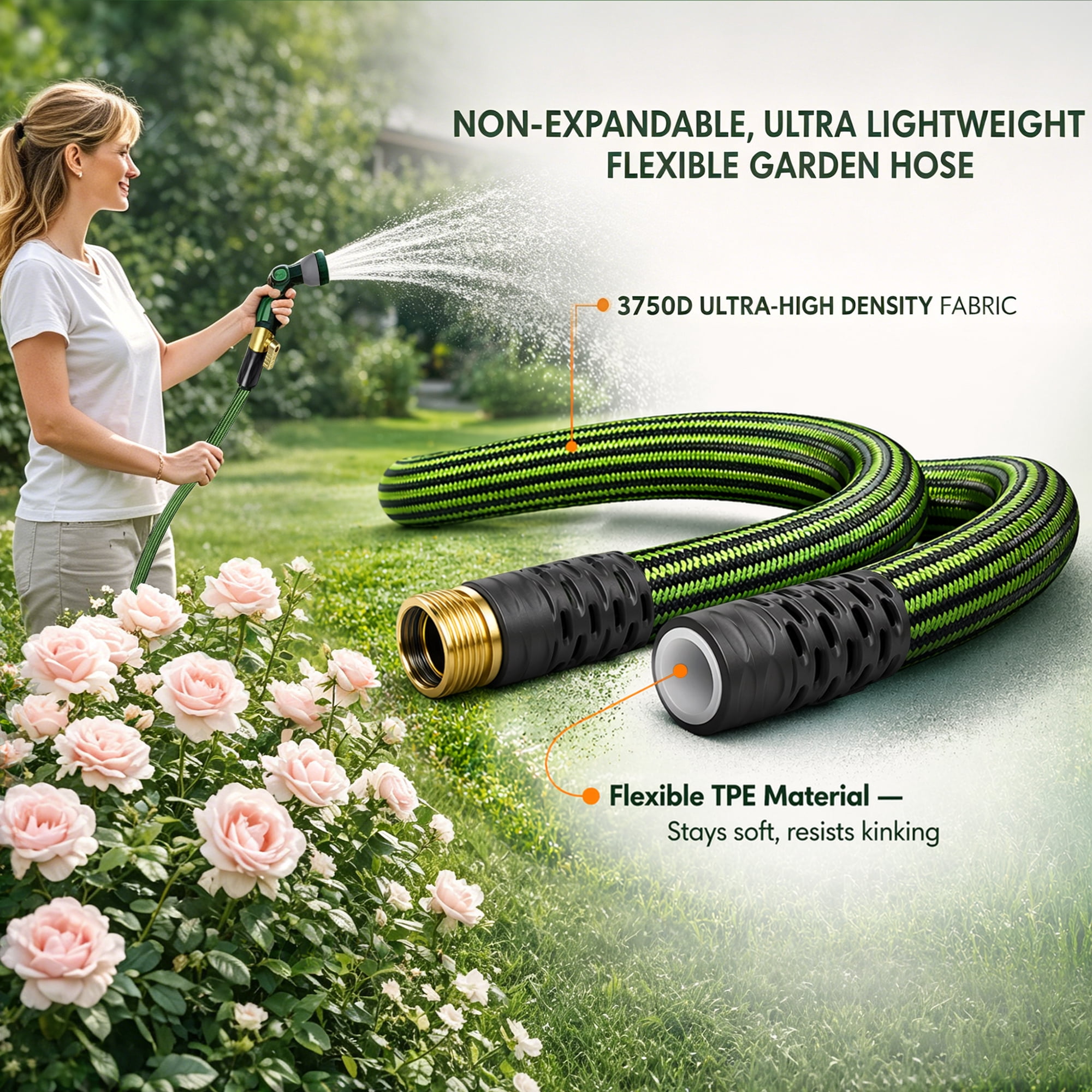 50FT Flexible Garden Hose Fixed Length, Anti-Kink Freeze UV Resistant Water Hose Non Expandable, 3/4 Inch Brass Fittings, 10 Spray Nozzle Storage Rope for Lawn Car Wash All Season Outdoor Daily Use