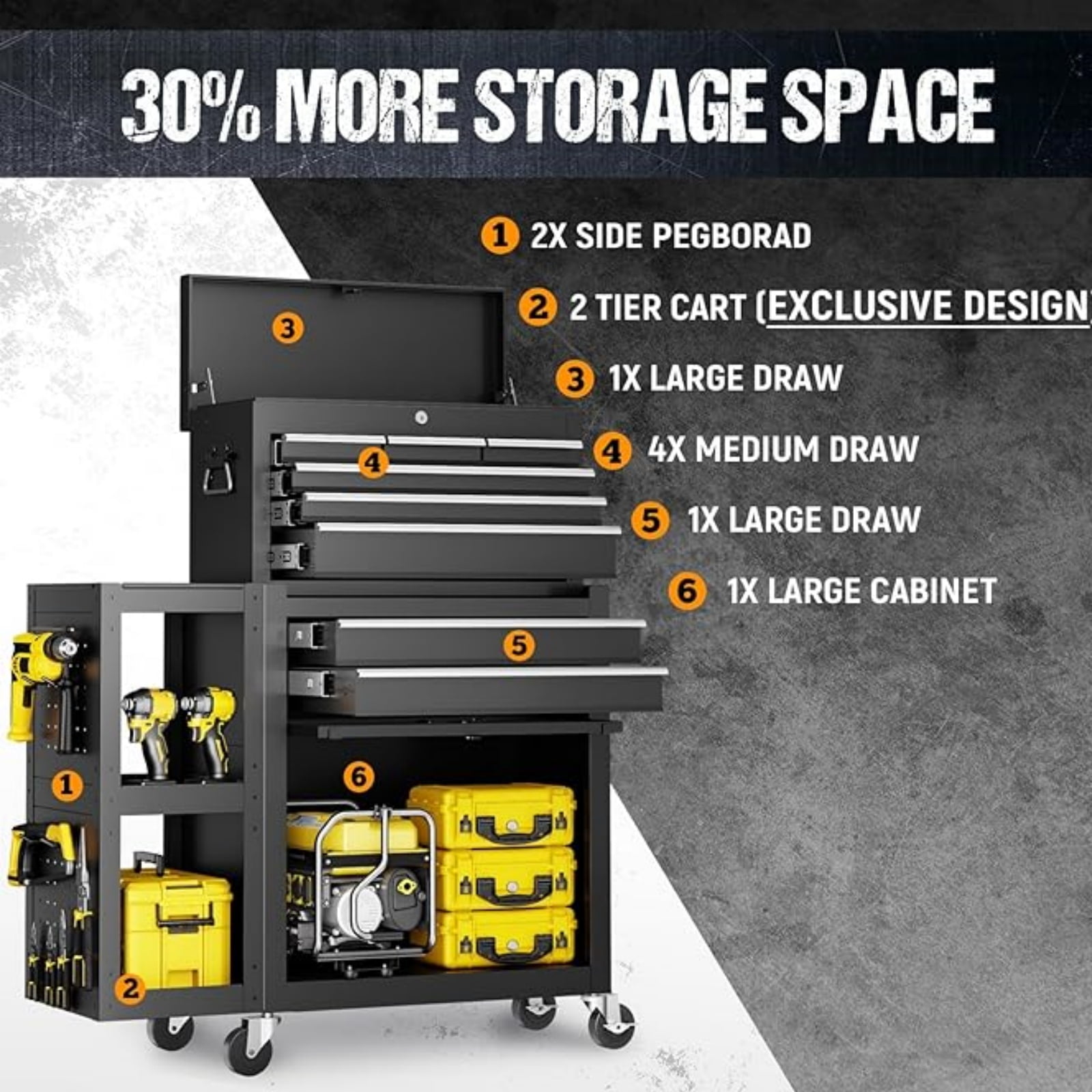 Gewna 8 Drawers Rolling Tool Chest with Locking System,Metal  Storage Cart  with Side Cabinet, Removable Toolbox Organizer for Workshop, Garage