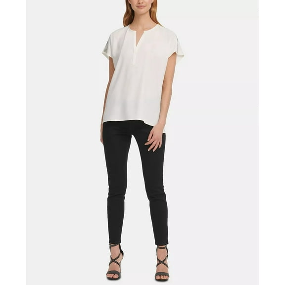 DKNY V-Neck Top Embellished-Shoulder Ivory Size XL