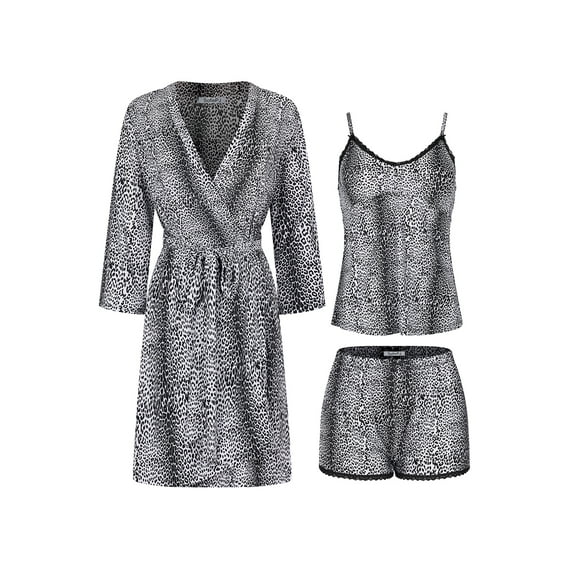 SofiePJ, Women's, Printed Robe Set with Chemise and Shorts 3 Piece Sleep Loungewear, White, XL