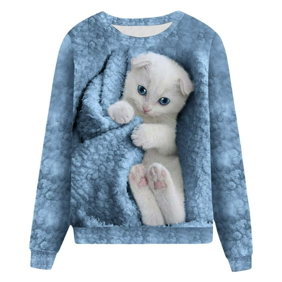 Fshinging Sweatshirts for Women Trendy Essentials Animal Casual Loose Cute Cat Print Long Sleeve Round Neck Top
