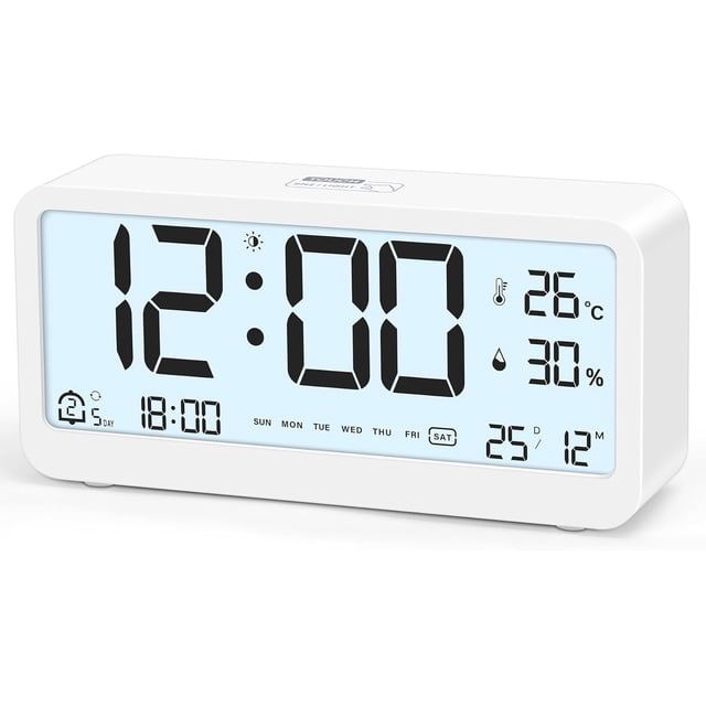 Digital väckarklocka med stor LCD-display, Högljudd crescendo-ringsignal, Temperatur- och luftfuktighetsvisningsfunktion, Vit
