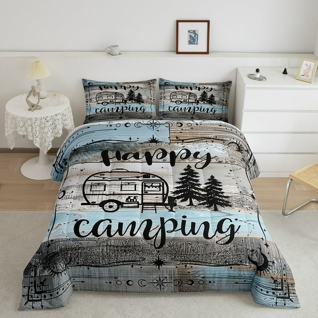 YST Boho Camper Decor Comforter Set King Happy Camping Bedding Set Rv Accessories Quilt For Travel Trailers Bunks,Rustic Farmhouse Stars Moon Quilted Duvet Blue Grey Kids Adults Bedroom
