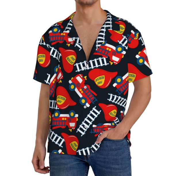 Balery Fire Rescue With Red Helmet And Truck Camisa Casual de Manga Corta con Botones para Hombre, Texturizada, Estilo Cubano, para Playa, Verano-Small