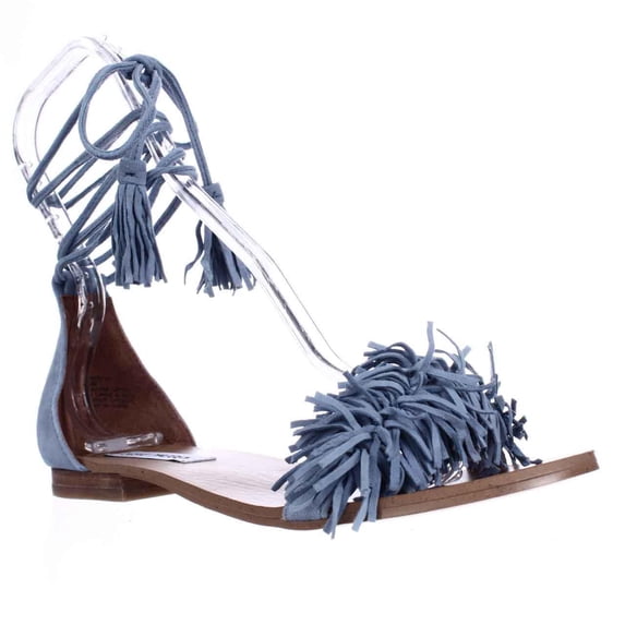 Womens Steve Madden Sweetyy Ankle Tie Fringe Flat Sandals - Light Blue