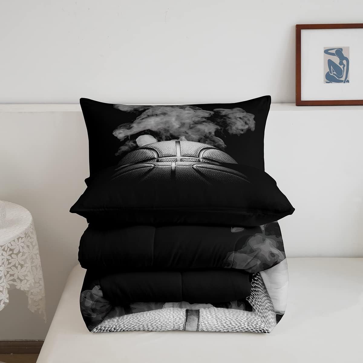 Basketball Comforter Set Teen Full Size Sports Basketball Bedding Set Basketball Room Decor Reversible Black Down Comforter Grey Hippie Smoke Quilt Duvet Insert 2 Pillow Case