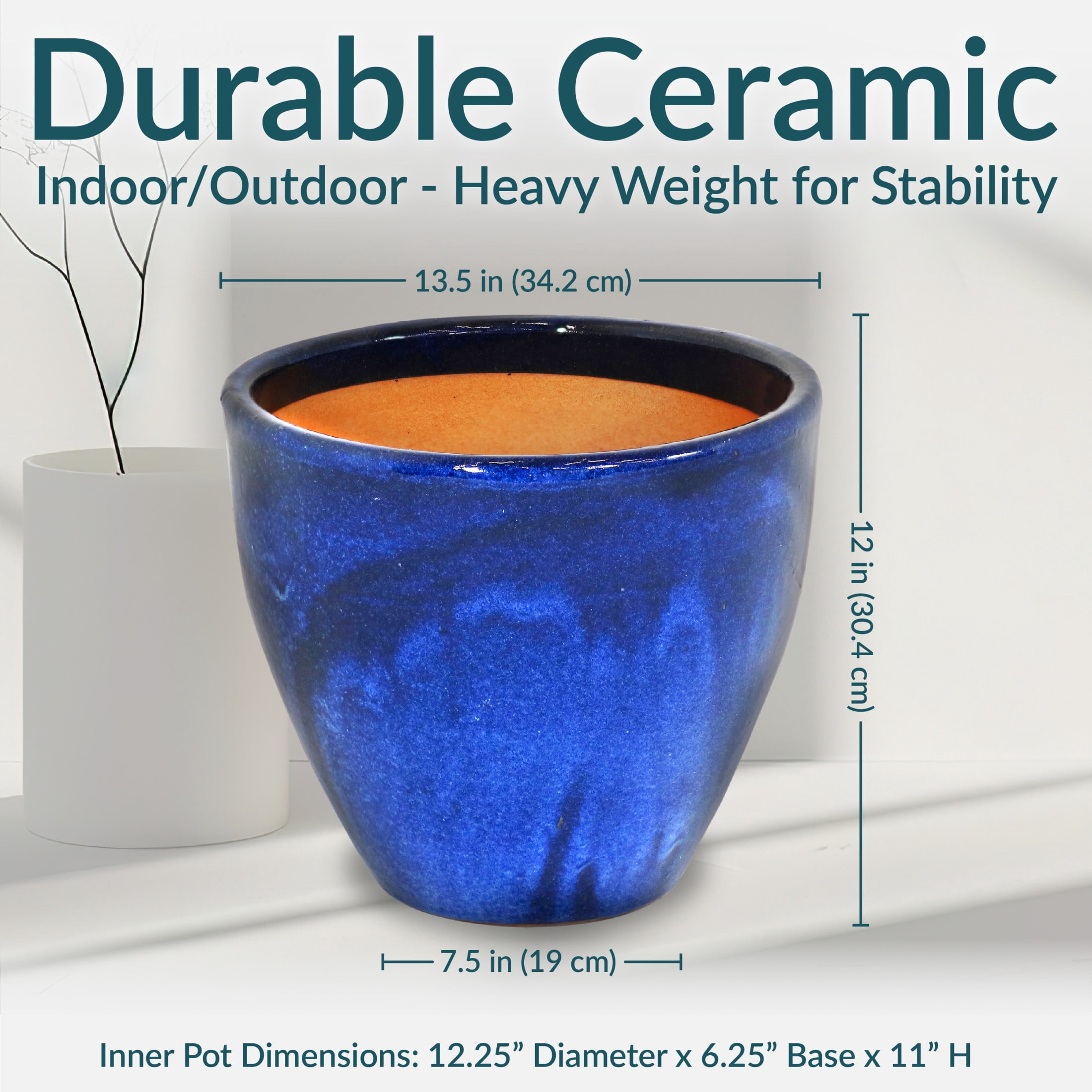 Sunnydaze Resort 13.5" x 13.5" x 12" Round Imperial Blue Ceramic Outdoor Planter