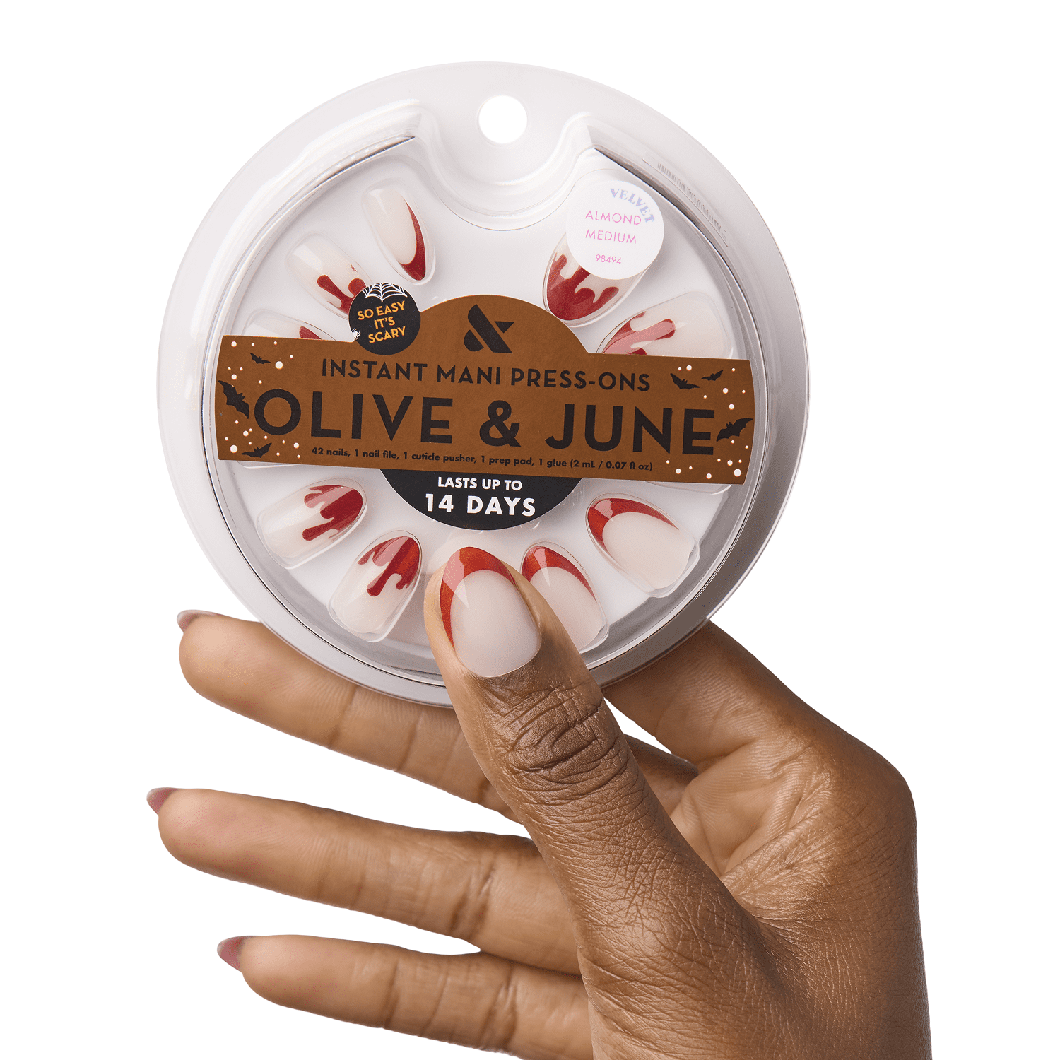 Olive & June Instant Mani Medium Almond Press-on Nails, Vampire Velvet French, 42 Pieces