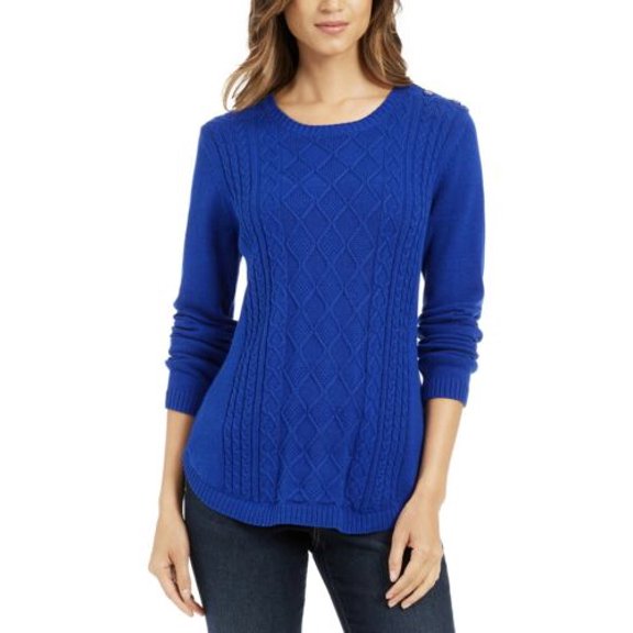 Charter Club Women's Cable Crew Neck Long Sleeve Sweater Modern Blue Size XS