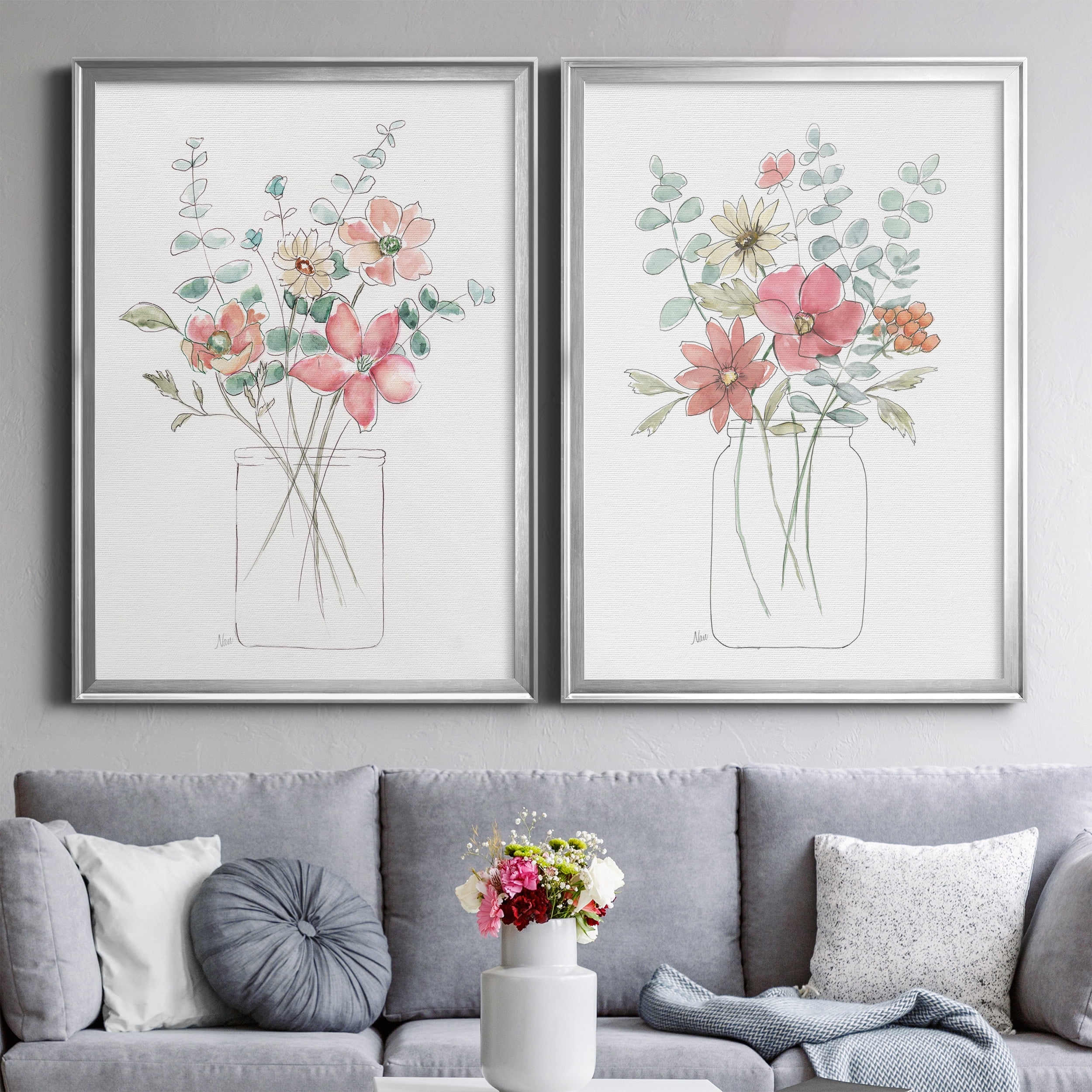 2 Piece Set Whimsical Wildflowers I Premium Framed Canvas - Ready to Hang - 26.5 x 36.5 Each - Silver Frame