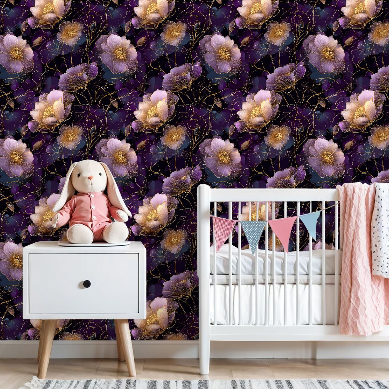 Peel and Stick Wallpaper Elegant Floral Purple Gold Flowers Dark Wall Mural 23.6in x 9.8ft Self Adhesive Removable Wall Paper Renter Friendly Wallpaper for Nursery Bedroom Cabinets