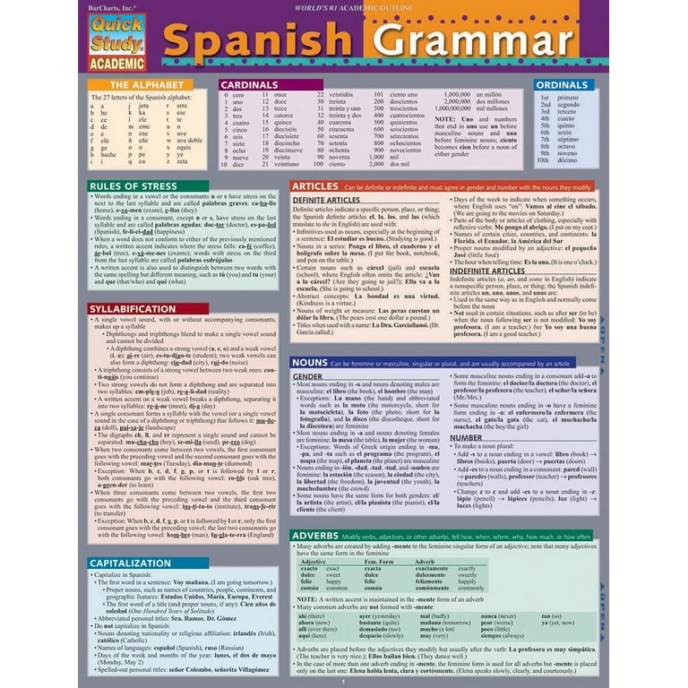 Spanish Grammar : a QuickStudy Laminated Reference Guide