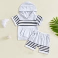 thumbnail image 2 of KPOPLK Toddler Baby Boy Clothes Summer Outfits Short Sleeve Hooded T Shirt Tops Casual Shorts Set 2Pcs Little Boy Clothes(12-18 Months,White), 2 of 4