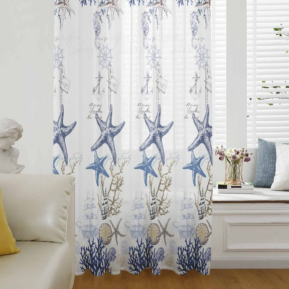 Starfish Semi Sheer Curtains Drapes for Living Room, Bedroom, French Doors Window 96 Inches Long, Blue Ocean Coastal Coral Shell Nautical Boat Rod Pocket Chiffon Curtain Drapery Voile Drape Panel