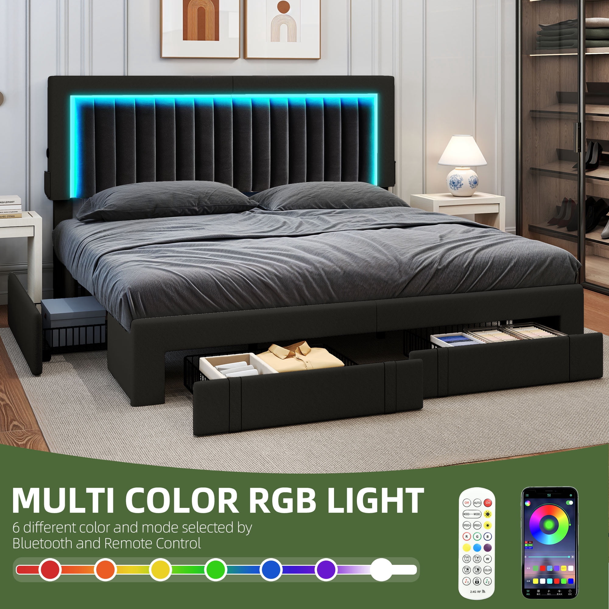 King Size Velvet Upholstered Platform Bed Frame with RGB LED Lights, 4 Storage Drawers & USB Ports (Black)