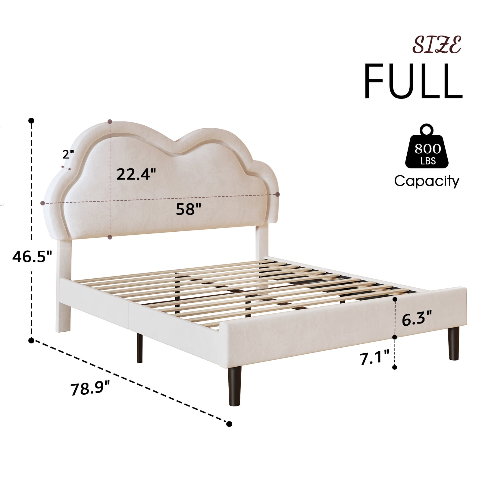 Merluxy Full Bed Frame with LED Light,Adjustable Cloud Headboard,No Box Spring Needed,Cream