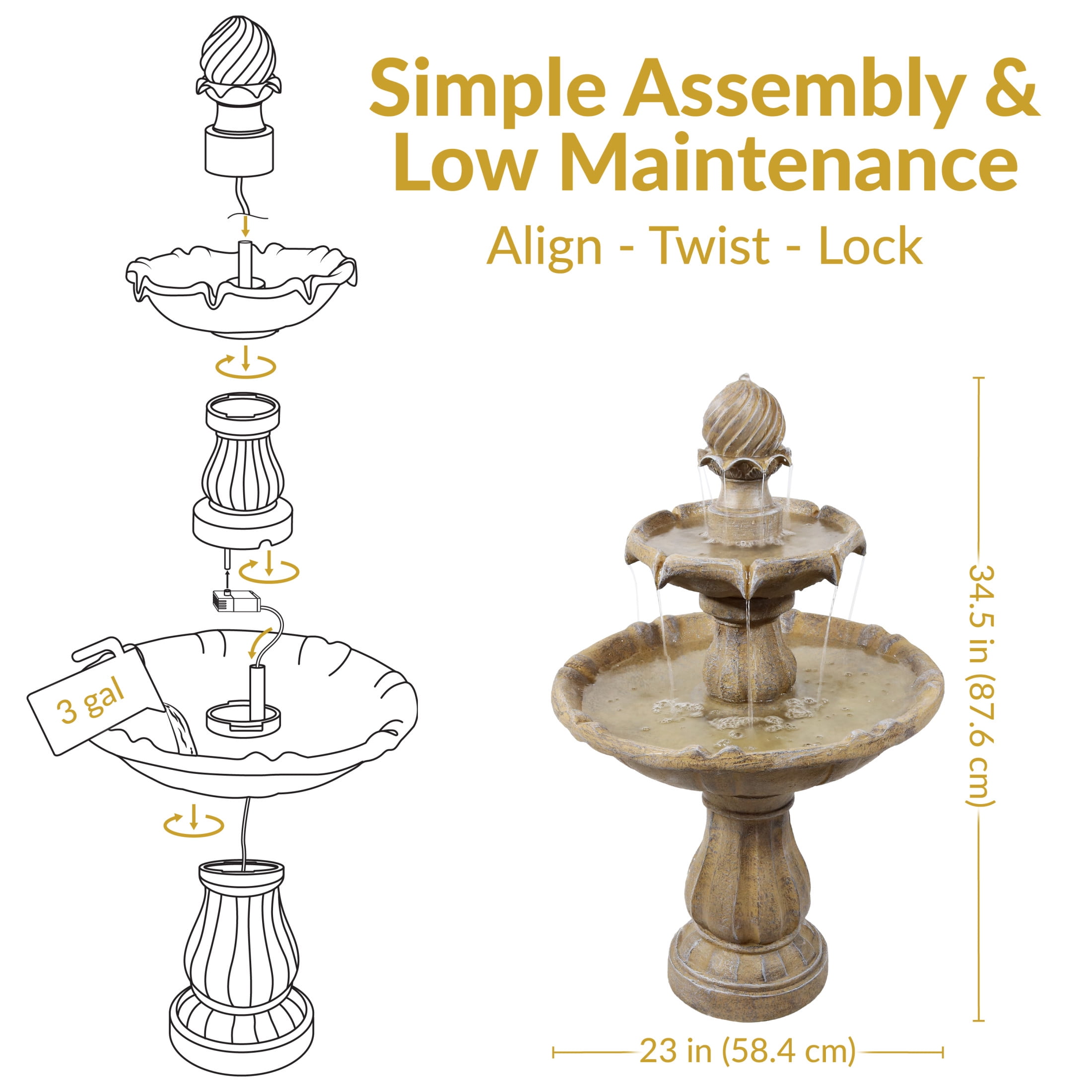 Sunnydaze Traditional Earth Resin 2-Tier Solar Water Fountain with Battery