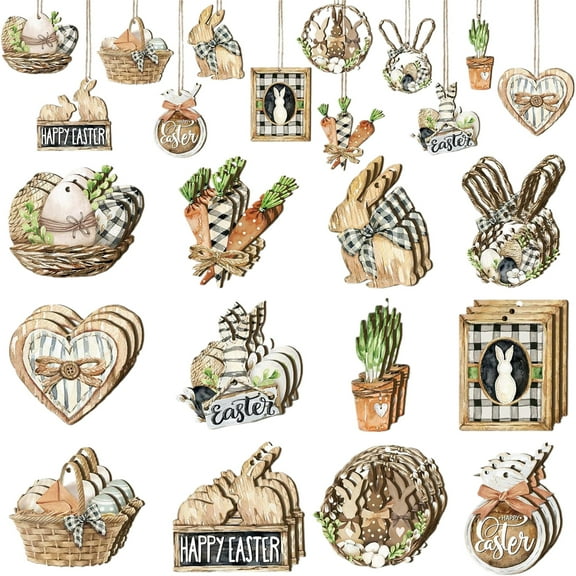 Easter Decorations Wooden Easter Tree Ornaments Hanging Easter Eggs Bunny Spring Ornaments for Tree with Rope for Crafts Holiday Easter Party Favor Supplies Decor