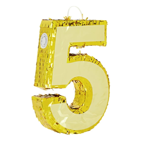 Gold Foil Number 5 Pinata - Pinatas for Birthday Party Table Centerpiece & Game - Easy-Fill Design & 5th Birthday Decorations - Gold, Paper, Small, 15.5 x 10.5 x 3 in