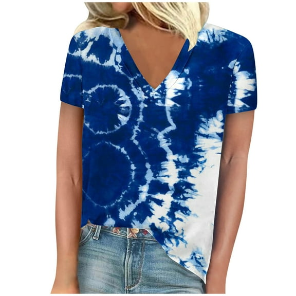 TFEOQRY Women's Short Sleeve V-Neck Shirts Fashion Tie-Dye Printed Casual T-Shirt Tops Blouses Navy