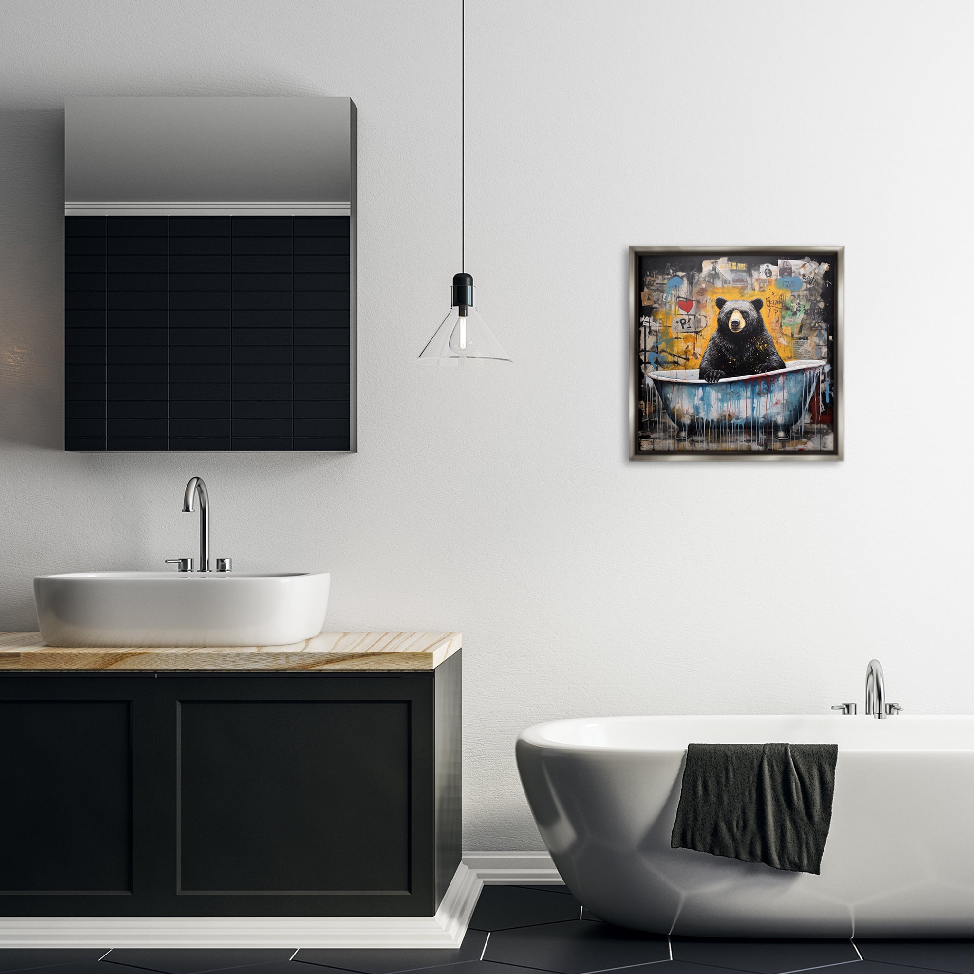 Stupell Industries Graffiti Bathing Bear Typography Painting Gray Floater Framed Canvas Art Print Wall Art, 18 x 18