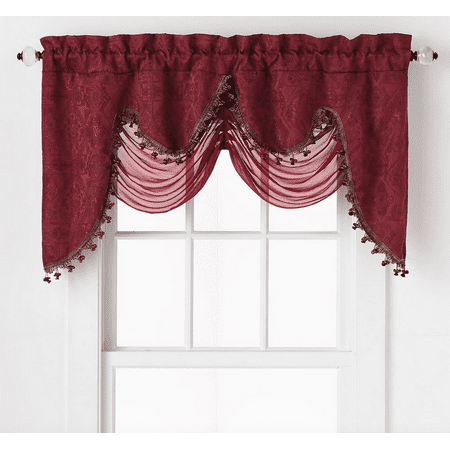 - Ultra Elegant Clipped Jacquard Georgette Fringed Window Valance With an Attached Sheer Swag by GoodGram - Burgundy