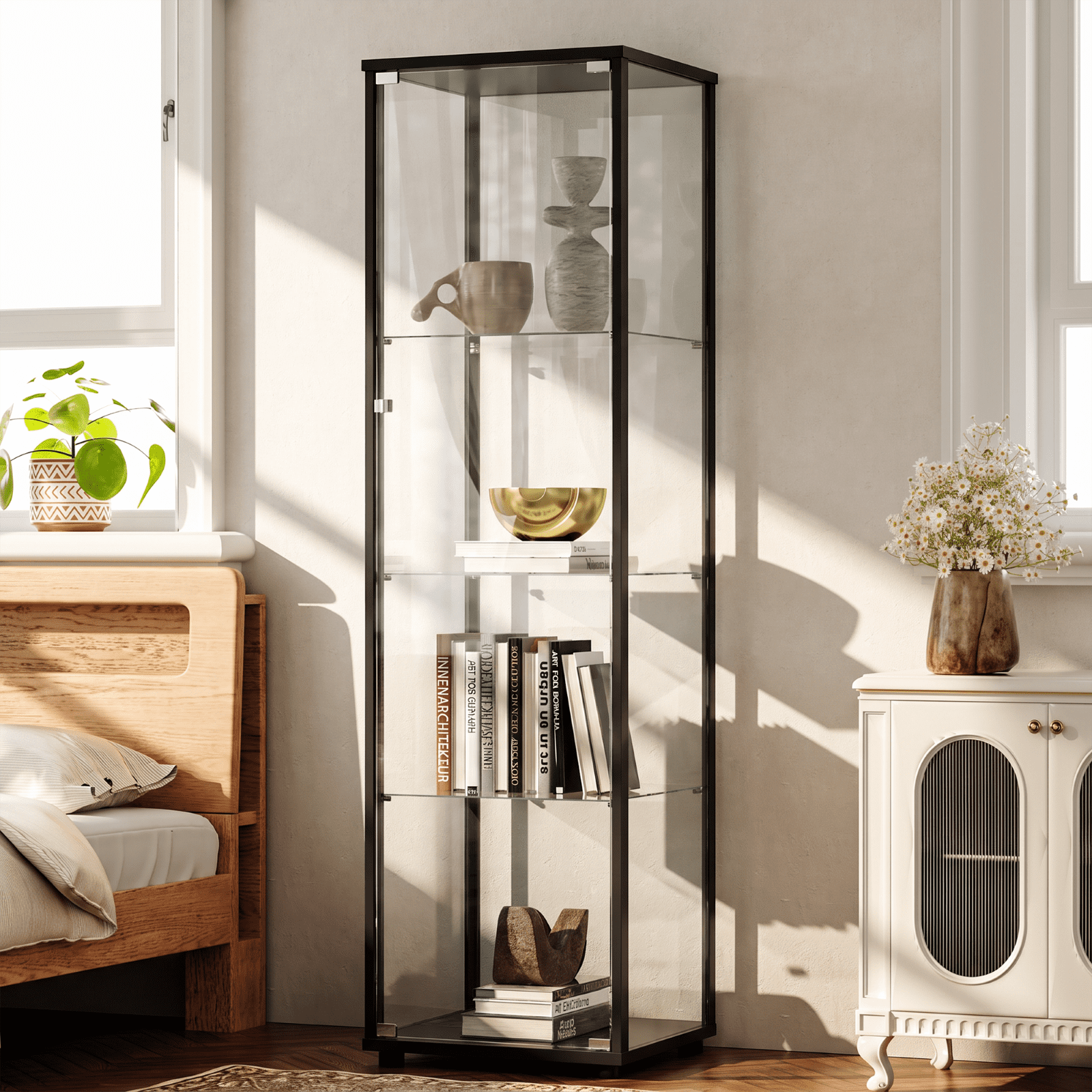 Gleamira 4-Shelf Glass Display Cabinet Freestanding Curio Cabinet with Aluminum Frame Single Glass Door, Black