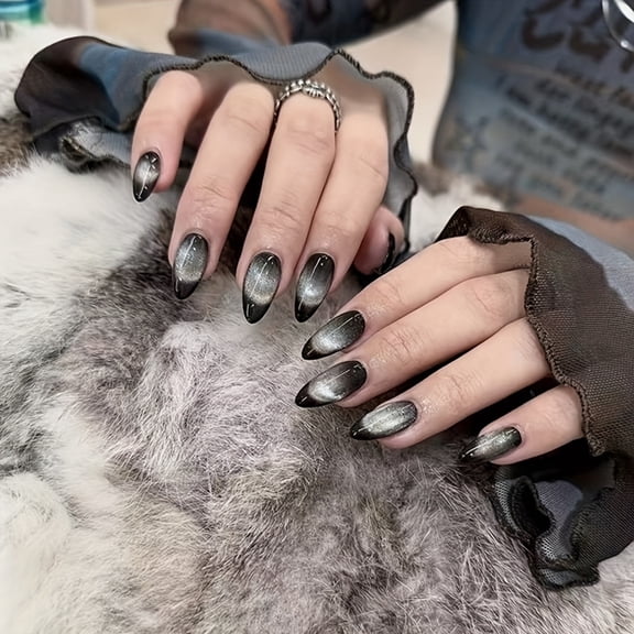 Almond French Tip Press on Nails 24Pcs Black Glitter Cat Eye Galaxy Shiny Full Cover Reusable Artificial Nails for Women