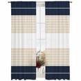 thumbnail image 2 of Navy Beige Striped Semi Sheer Window Curtains 96 Inches Long, Gradient Geometric Blue White Rod Pocket Voile Silky Chiffon Curtain Light Filtering Drapes for Living Room, Kitchen, 52"x96", 2 Panels, 2 of 9