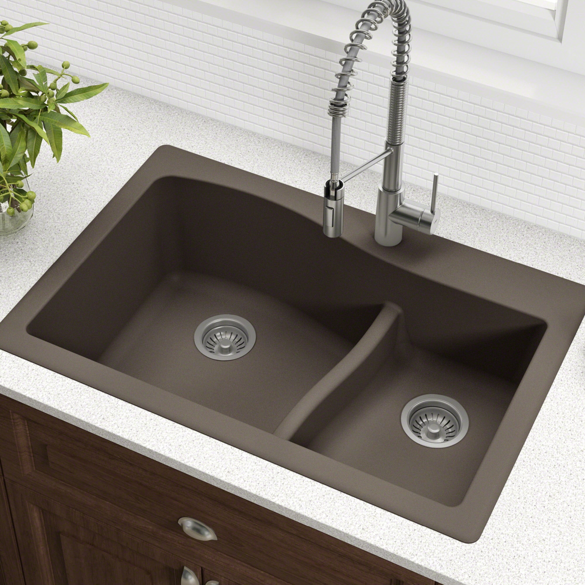 KRAUS Quarza 33 inch Dual Mount 60/40 Double Bowl Granite Kitchen Sink and Strainers in Brown