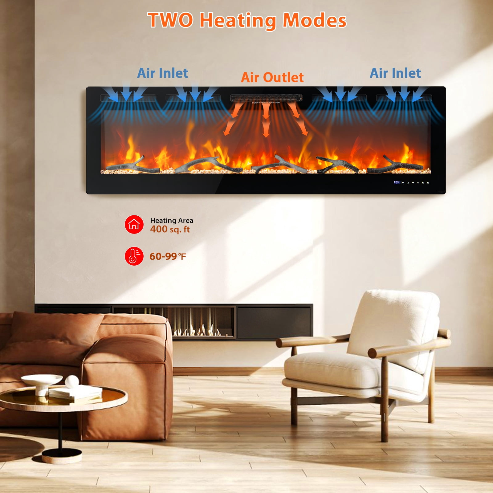 Yesurprise 70" In-Wall Electric Fireplace with Remote, Thermostat, Dual Heating & Timer, Featuring 12 Color Flames with Log & Crystal Decor