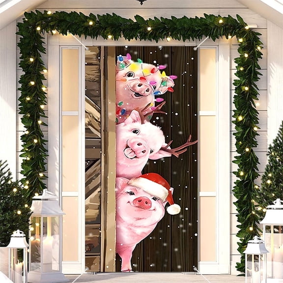 36x72in Christmas Pig Door Cover Front Door Decoration for Holiday Party Indoor Outdoor Farmhouse Home Decor
