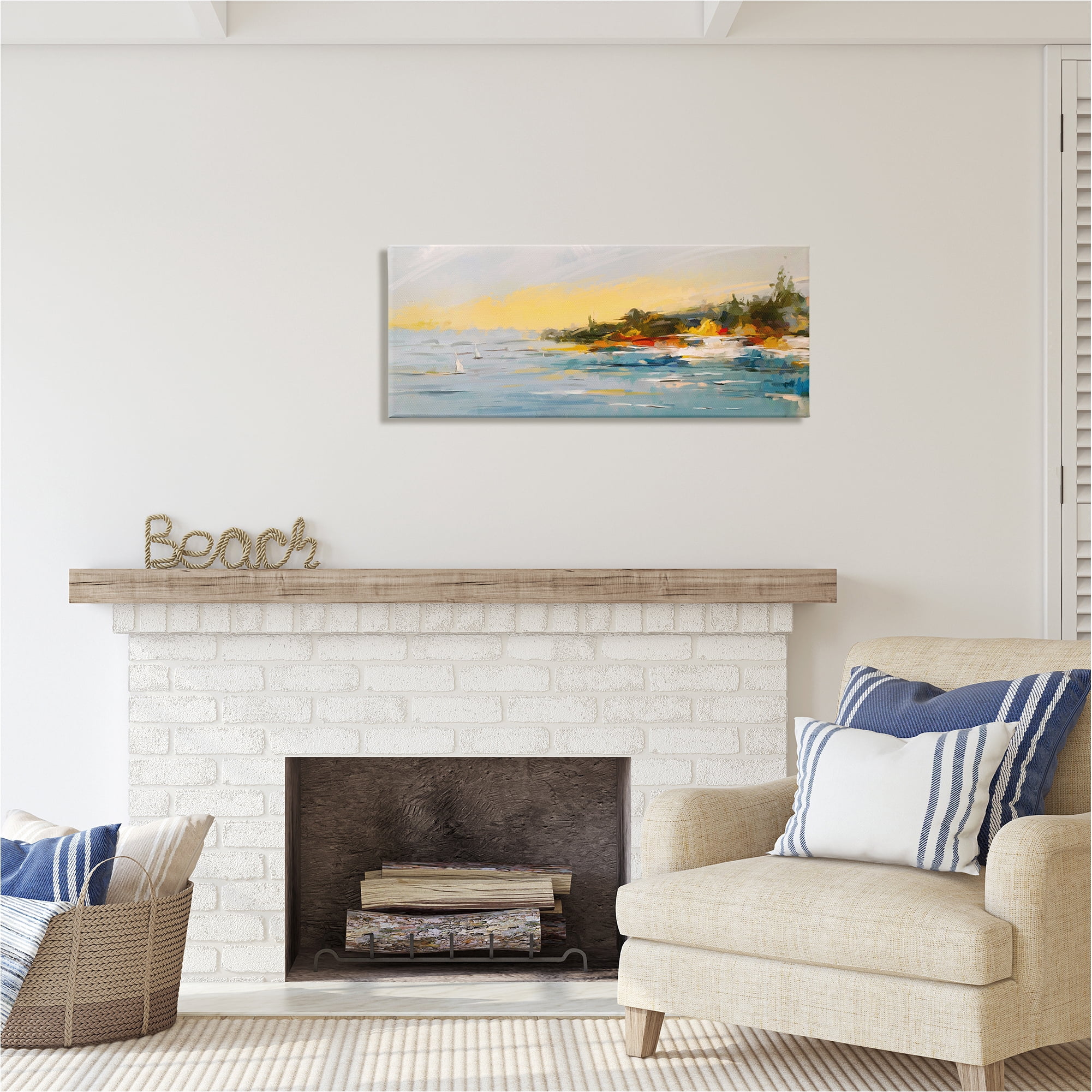 Stupell Industries Boats Ocean Scenery Landscape Painting Gallery Wrapped Canvas Art Print Wall Art, 40 x 17