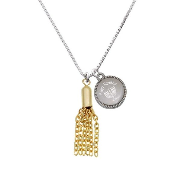 Goldtone Small Tassel - Happy Hanukkah Menorah Necklace