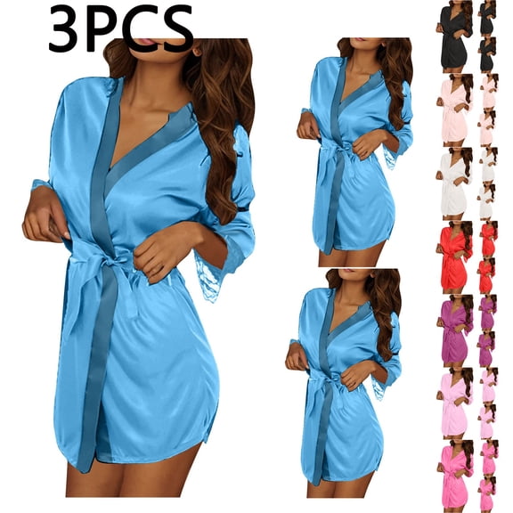 Meichang 3 Pack Silk Satin Robes for Women 3/4 Sleeve Lace Trim Short Loungewear Bathrobes with Belt Lightweight Sleepwear Bath Robe