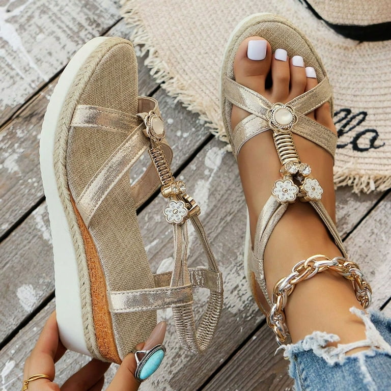 gold dress sandals wide width Chenyee Women's Low Wedge Sandals Wide Width Platform Dress Shoes Comfortable Boho Non Slip Walking Beach Sandal Gold Size 7.5
