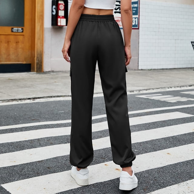 Pantalones Largos Casuales, Pantalones Casuales De Cintura Media Para Mujer, 4 Bolsillos, Fibra De Poliéster, Transpirable, Amigable Con La Piel, Puño Ceñido Para Exteriores ANGGREK XL negro