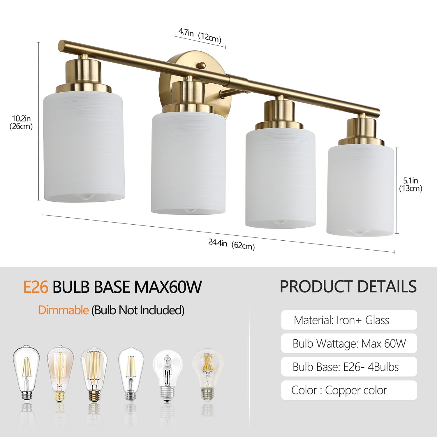 Modern 4-Light Gold Vanity Light with Frosted Glass Shade for Bathroom Hallway Lighting or Mirror Lamp