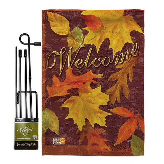 Breeze Decor BD-HA-GS-113047-IP-BO-D-US12-AM 13 x 18.5 in. Fall Leaves Harvest & Autumn Vertical Double Sided Mini Garden Flag Set with Banner Pole