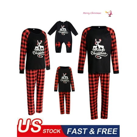 

Christmas Family Matching Pajamas Set Letter and Elk Print Long Sleeve O-neck T-shirt Plaid Trousers/Romper
