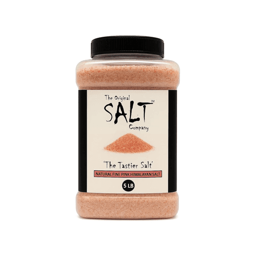 Pink Himalayan Salt, 5 lb fine grain, food-grade and kosher. Gluten-free and organic, perfect for cooking, seasoning, and enhancing flavor.