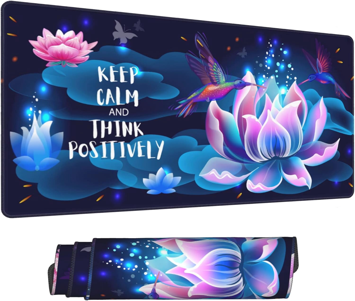 Desk Mat,Hummingbirds and Lotus Extended Gaming Mouse Pad for Office Work & Game,Computer Keyboard Mouse Mat Desk Non-Slip Rubber Base Large Mousepad with Stitched Edges, 31.5x15.7inch