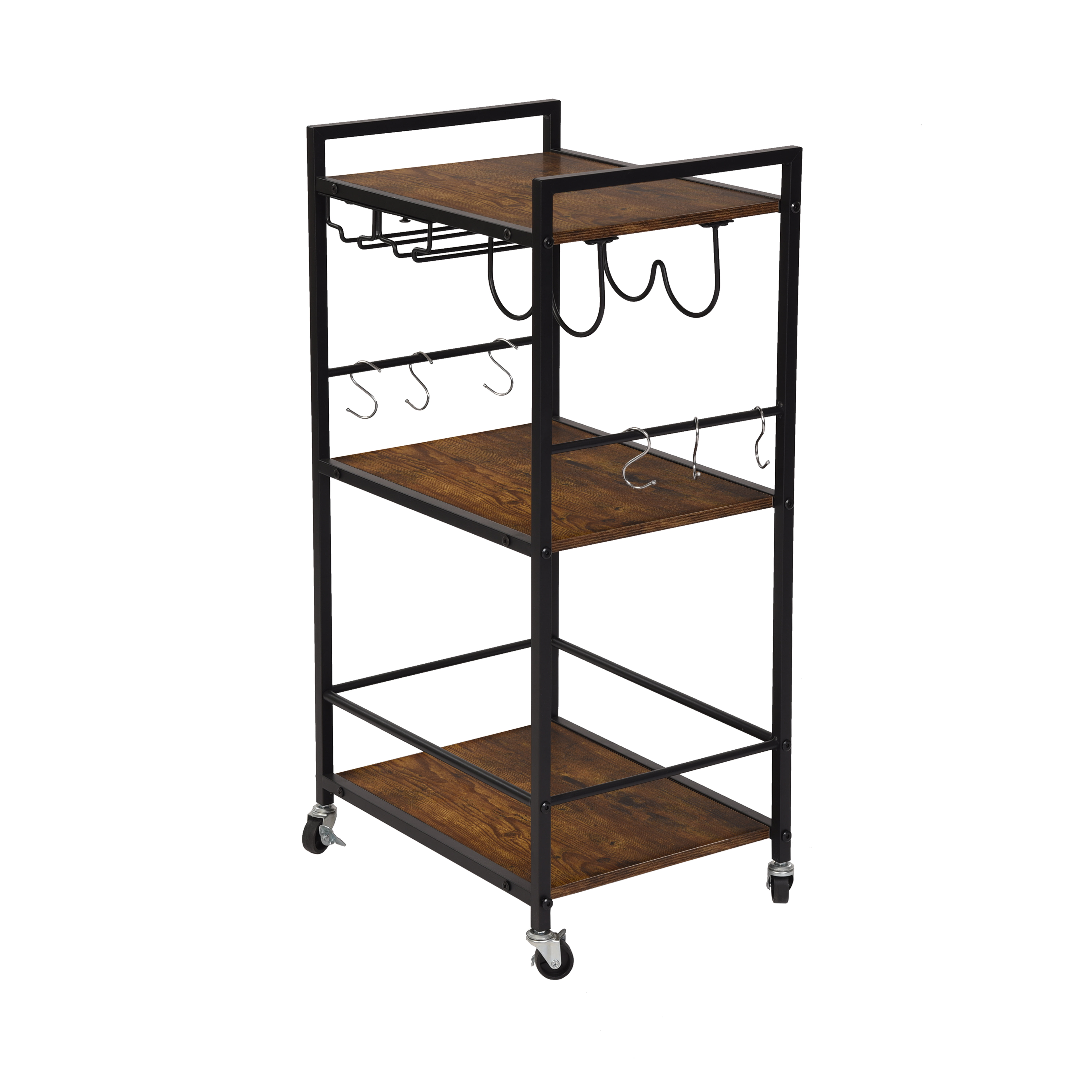 3-Tier Rolling Bar Cart with Wine Rack and Glass Holders, Serving Cart on Wheels, Metal Frame Beverage Cart for Kitchen, Dining Room, and Living Room