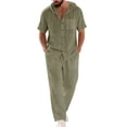 thumbnail image 2 of gbyLJF Men's 2 Pieces Cotton Linen Set Casual Short Sleeve Button Up Hoodie & Long Pants Beach Vacation Summer Outfits, 2 of 9