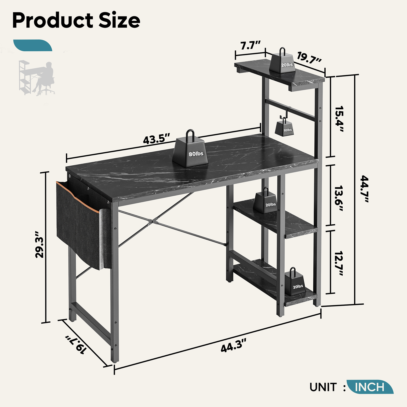 Bestier Reversible 44 Inch Gaming Desk with LED Lights, Black photo 4