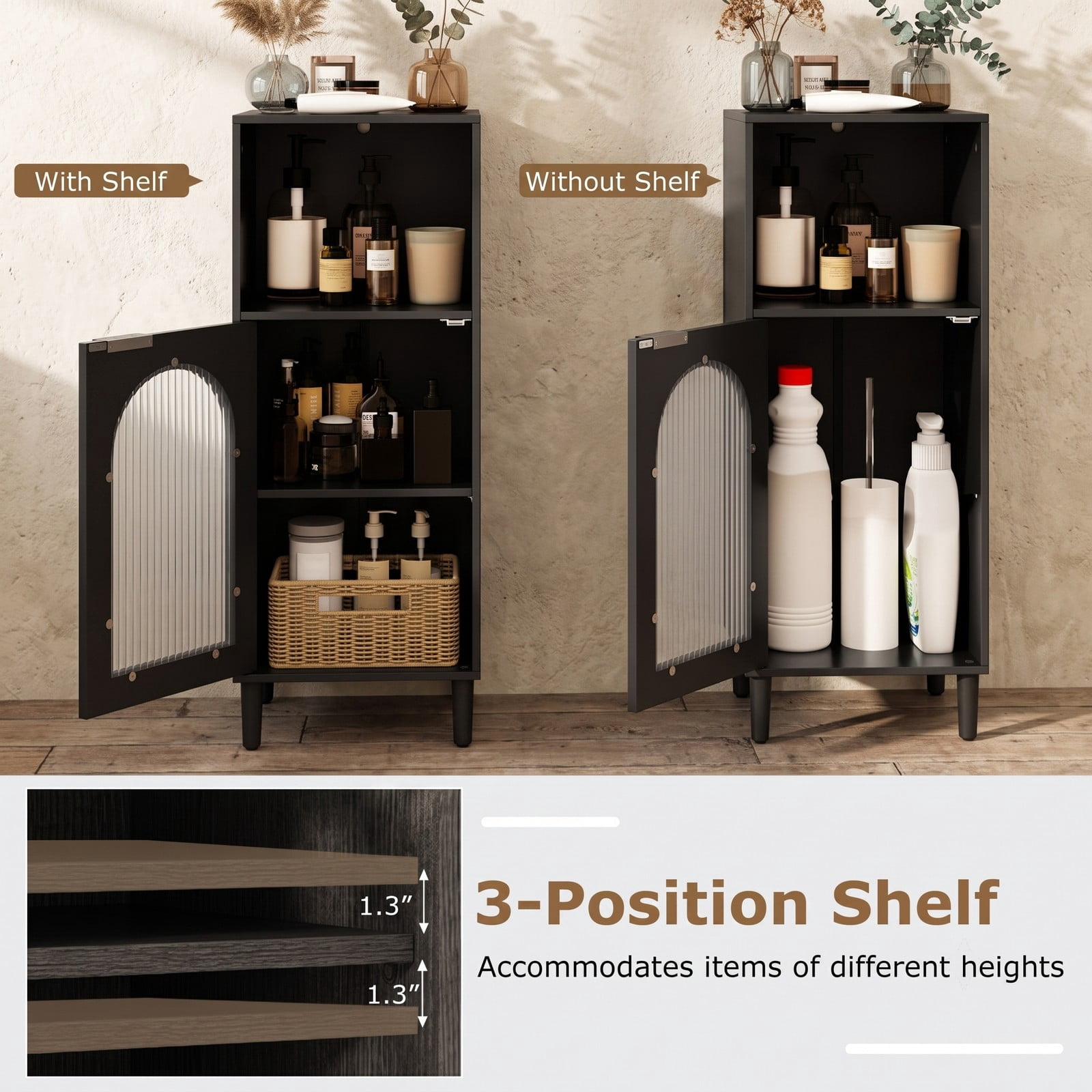 Fenbeli Bathroom Floor Cabinet, Freestanding Wood Side Storage Organizer Cabinet with Adjustable Shelf, Tempered Glass Door and Anti-Tipping Kit for Bathroom, Black