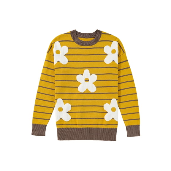 TinyCribz Yellow Daisy Striped Sweater, Trendy Long Sleeve Knitwear L