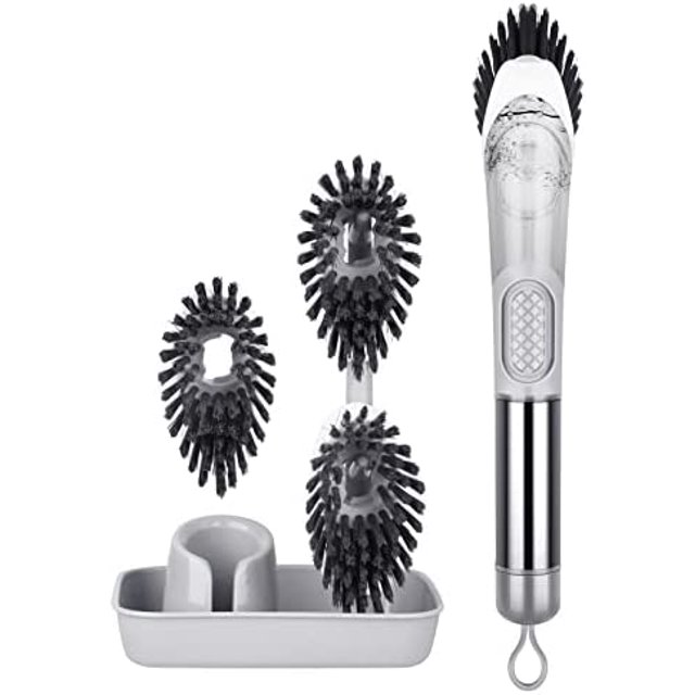Ensemble de Brosses à Vaisselle avec Distributeur de Savon - Brosse de Cuisine avec Support, 3 Têtes de Rechange, Manche en Acier Inoxydable, Brosse à Récurer à Manche pour Vaisselle, Évier, Casserole, Poêle, Nettoyage, Gris Gray