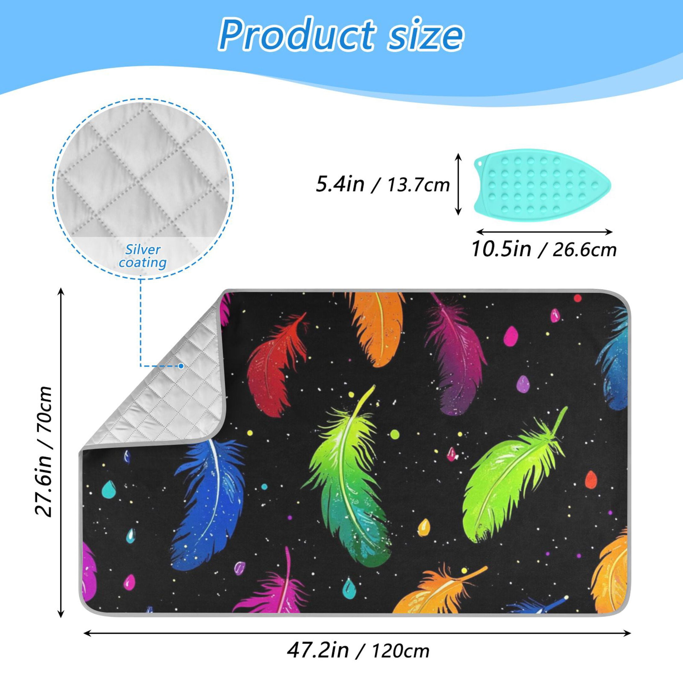 Colorful Feathers on Black Ironing Mat Blanket for Table Top Travel Portable Ironing Board Pad 47.2x27.6 Inch